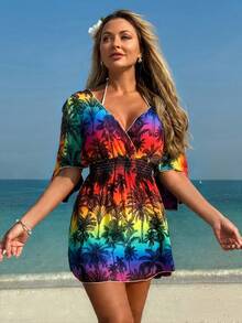 Swim Lushoire Women's Beach Vacation Tropical Print Loose V-Neck Midi Coverup - Multicolor - View 4