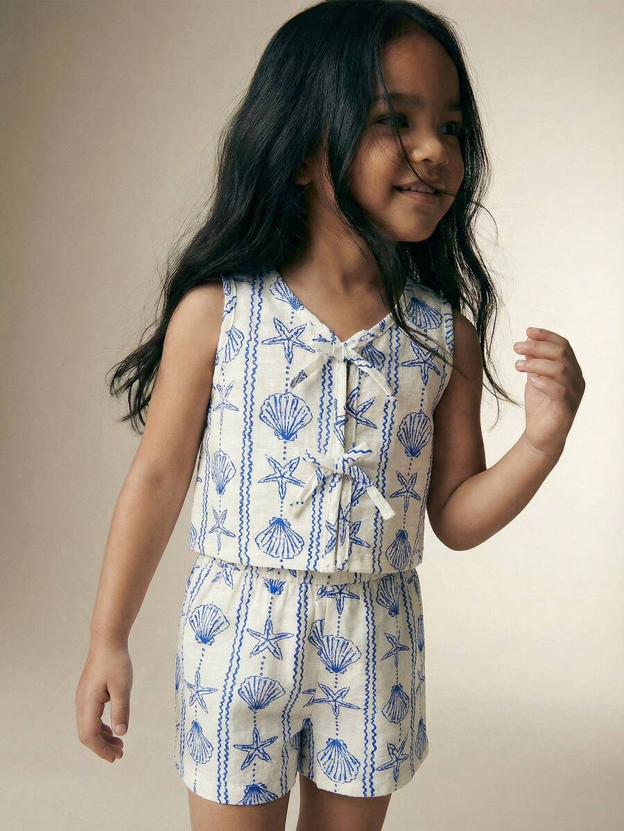 Maija Kids Maija Kids 两件套女童休闲度假优雅都市可爱贝壳海星印花编织吊带背心和短裤套装，适合休闲、外出、聚会、节日、春夏儿童夏季服装贝壳印花套装女童服装套装