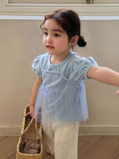 DAZY 2pcs/Set Toddler Girls' Korean Style Round Neck Short Sleeve Top, Summer