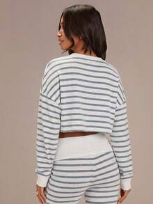 Athîral Women's Casual Striped Round Neck Drop Shoulder Long Sleeve Cropped Top - Blue - View 2