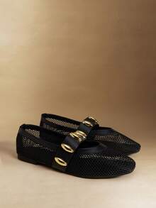 Rosivie 玛丽珍鞋 女士夏季新款法式芭蕾舞带扣镂空平底鞋 - 黑色 - 查看 3