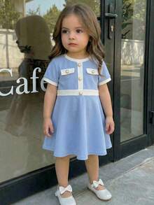 LMoss Kids Vestido casual de punto con cuello redondo y bloques de color para niña bebé - Azul - Ver 8
