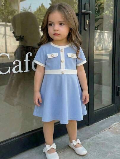 LMoss Kids 女婴针织撞色圆领休闲连衣裙