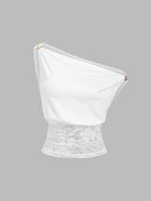 SHEIN Sweetro Women's Spring/Summer Elegant Lace Waist Cinched Asymmetric-Shoulder Blouse, Versatile Short Sleeve Commuter Top - White - View 3