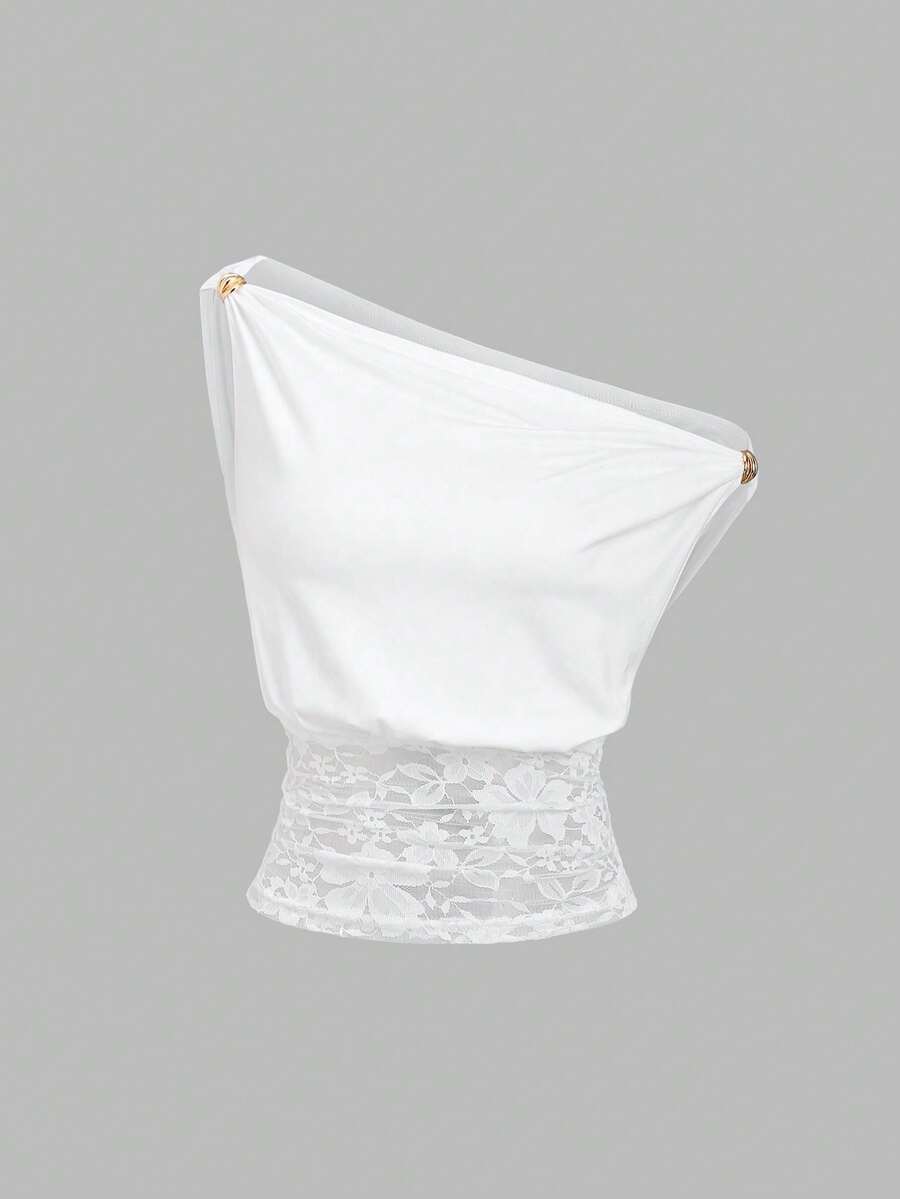 SHEIN Sweetro 女士春夏优雅蕾丝收腰不对称肩部上衣，百搭短袖通勤上衣 - 白色 - 查看 1