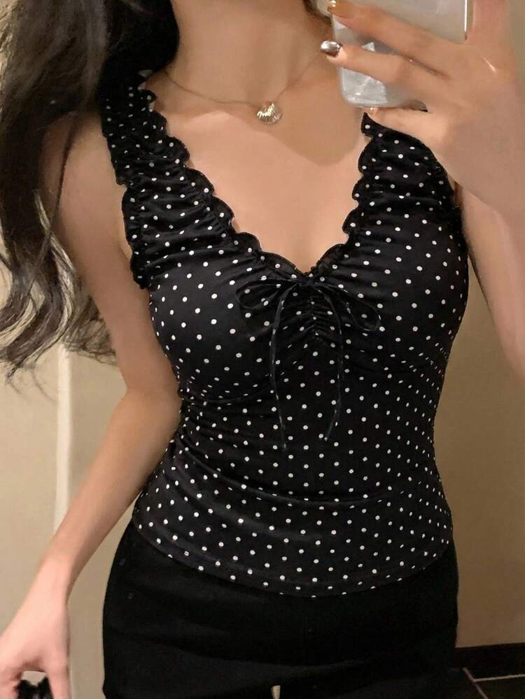 Women's Polka Dot Print Ruched V-Neck Sleeveless Casual Tank Top, Summer