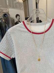SHEIN Women's Contrast Color Minimalist Casual Round Neck Short Sleeve T-Shirt - Grey - View 3
