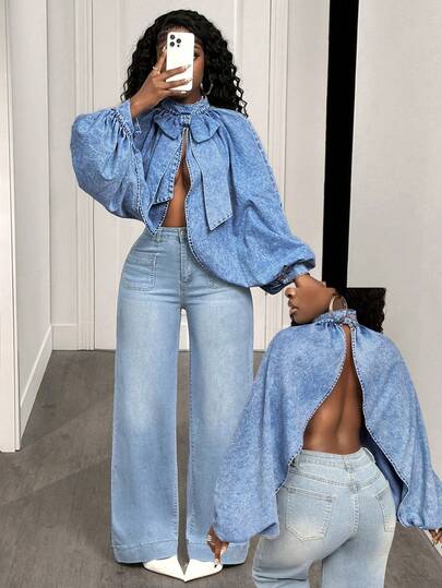 BamGleam Casual Sexy Bow Decor Backless Denim Blouse For Women