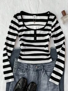 Niñas preadolescentes Camiseta de manga larga con cuello redondo, de punto elástico, con rayas, contraste de color, 2 en 1 con botón en la cintura y fruncido, informal, para el hogar, temporada de vuelta al colegio - Blanco y Negro - Ver 1