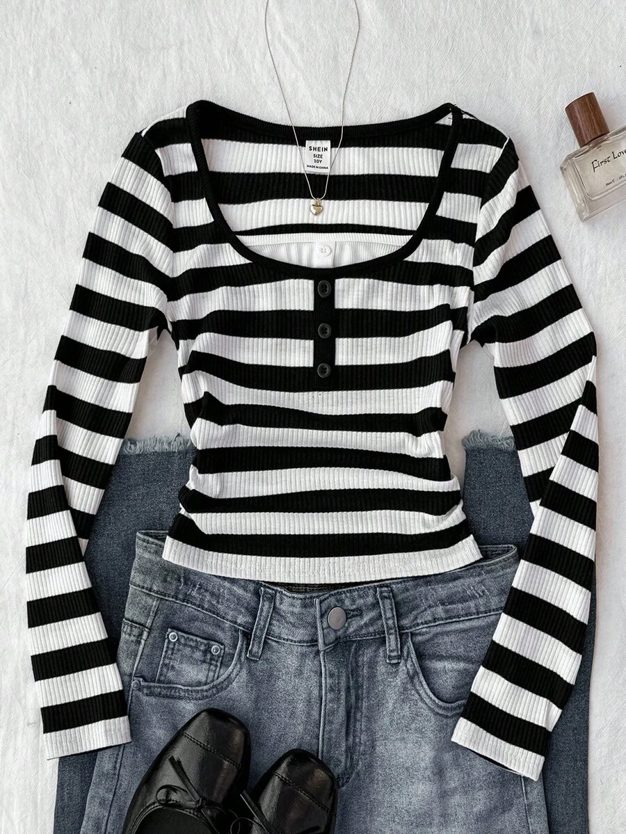 Niñas preadolescentes Camiseta de manga larga con cuello redondo, de punto elástico, con rayas, contraste de color, 2 en 1 con botón en la cintura y fruncido, informal, para el hogar, temporada de vuelta al colegio - Blanco y Negro - Ver 1