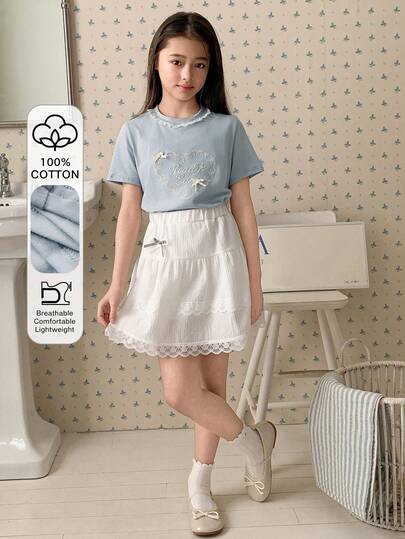 DAZY Girls Embroidered Round Neck Knit Short Sleeve T-Shirt And Skirt 2-Piece Set, Tween Girl Fall Outfit