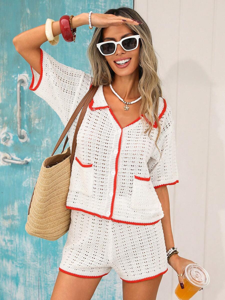 Vivid Eden 女士度假休闲撞色滚边镂空针织上衣和短裤两件套 - 白色 - 查看 1