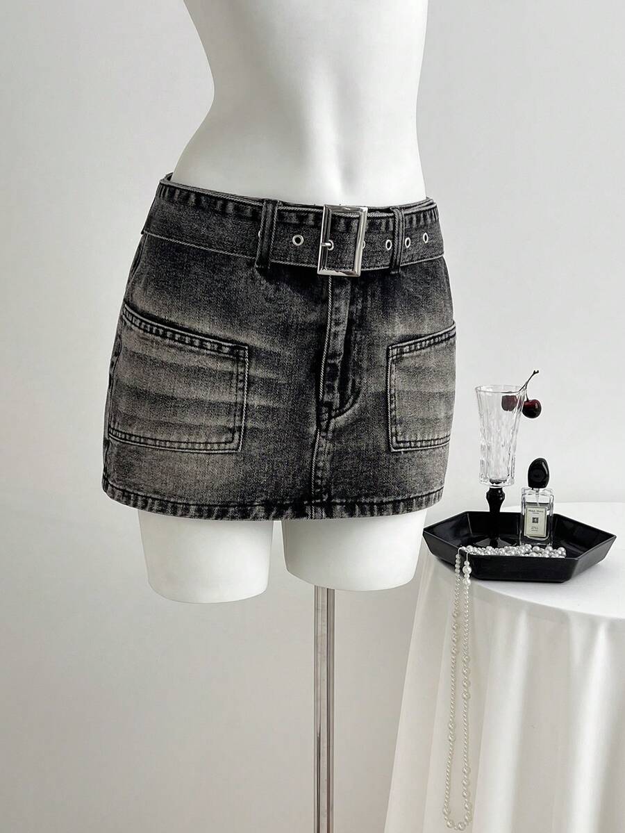 Elamini Falda vaquera de cintura baja con ojales metálicos de moda - Gris Oscuro - Ver 1