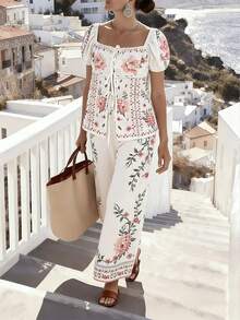 SHEIN LUNE Conjunto de 2 piezas de camisa con estampado, frente abierto, cintura anudada y mangas abullonadas, y pantalones de pierna ancha para mujer, estilo casual de resort, primavera/verano - Blanco - Ver 4