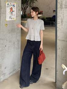 DAZY Women's Loose Fit Ruffle Hem Black And White Striped Long Sleeve T-Shirt, Minimalist Design - Light Grey - View 7