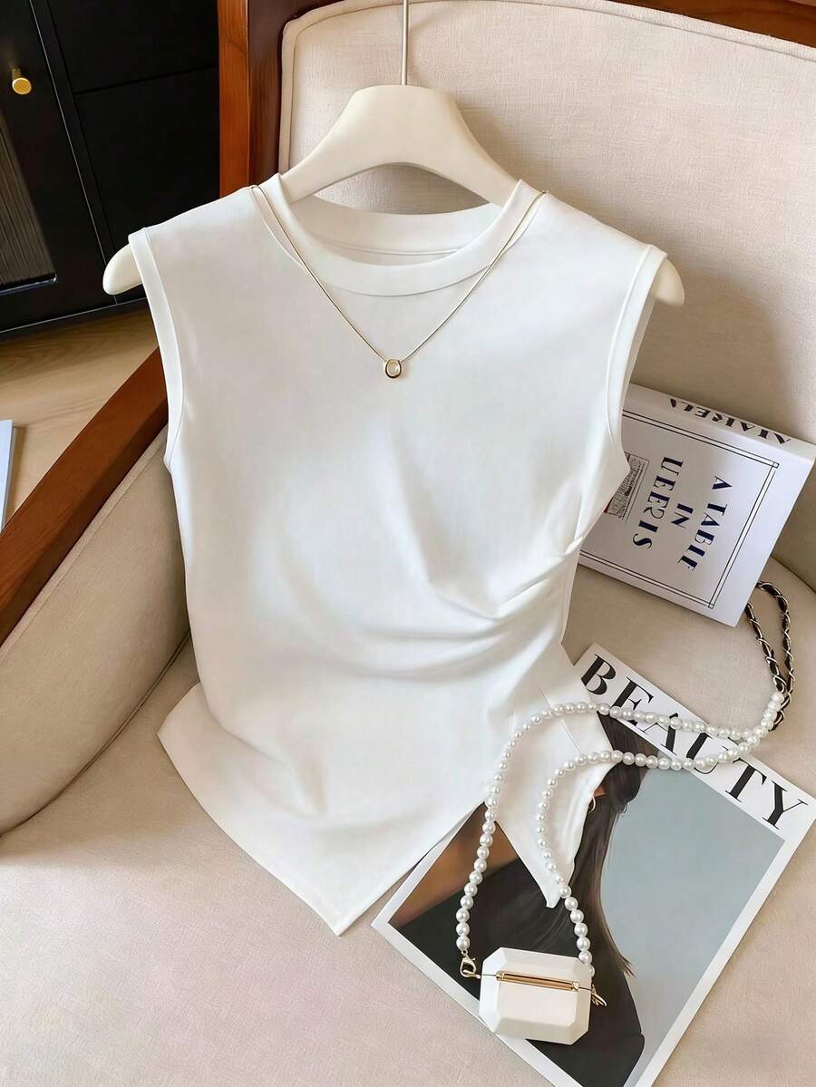 Resyla Women's Spring/Summer New Arrival Round Neck Asymmetrical Hem Design Fitted Tank Top - White - View 1