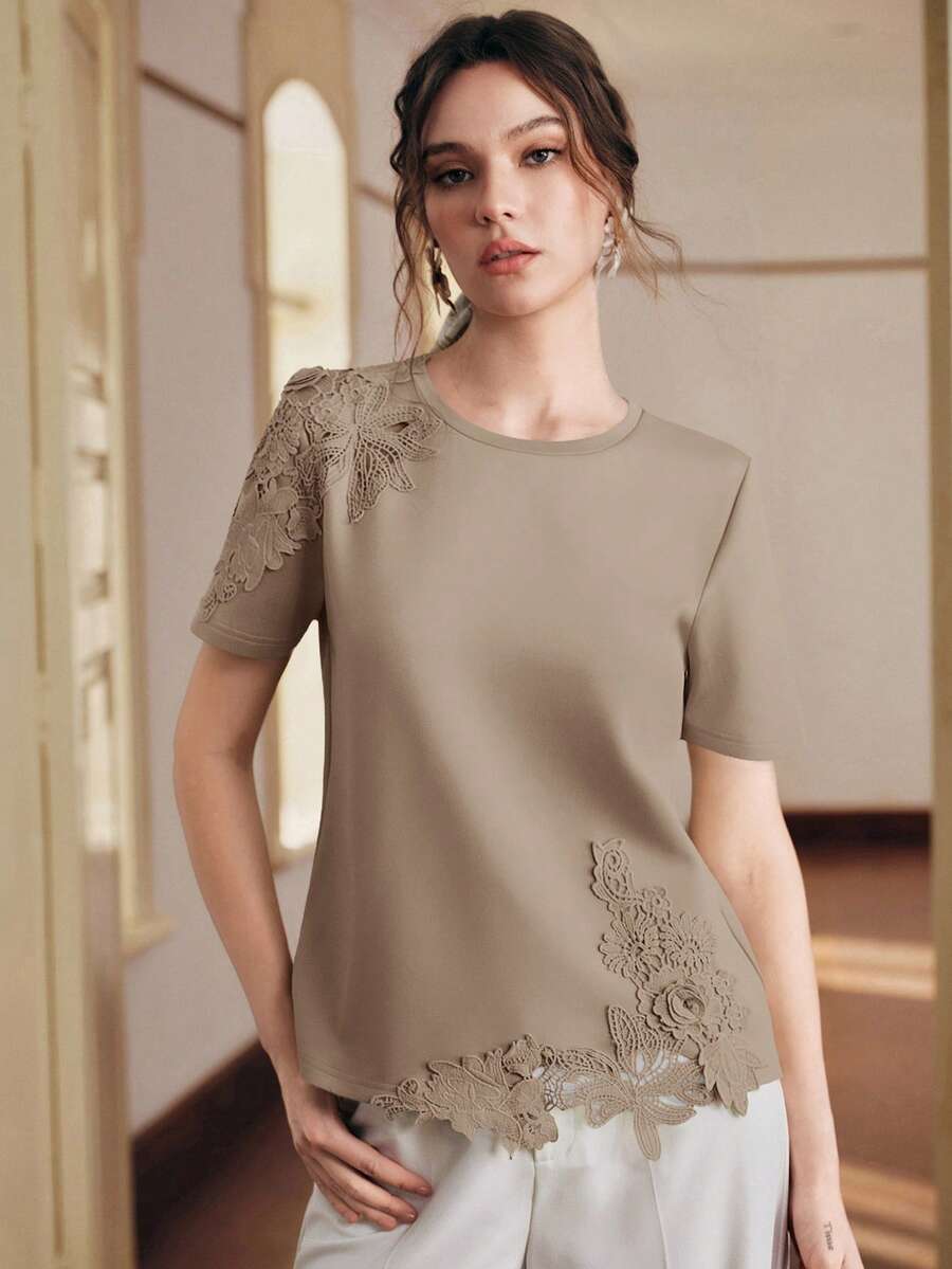 Anewsta Kaos Rajut Lengan Pendek Hijau dengan Hiasan Renda dan Desain Bunga Bordir 3D, Atasan Wanita Musim Semi/Panas - Khaki - View 1