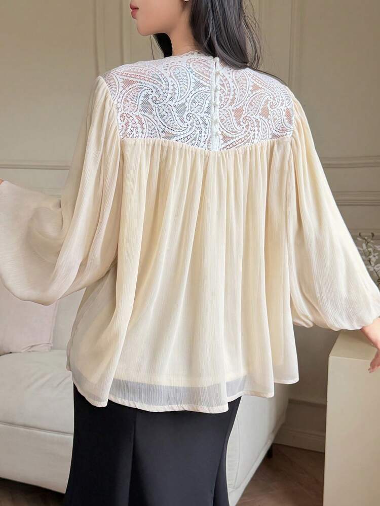 Contrast Lace Loose Pullover Blouse, Lantern Sleeve, Elegant Summer Holiday Shirt For Women