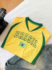 Comfortcana Women's Summer Short Sleeve V-Neck Yellow Contrast Color Letter Print Casual Cropped Top,Raglan Sleeve Baseball Jersey Streetwear City Break - Yellow - View 4