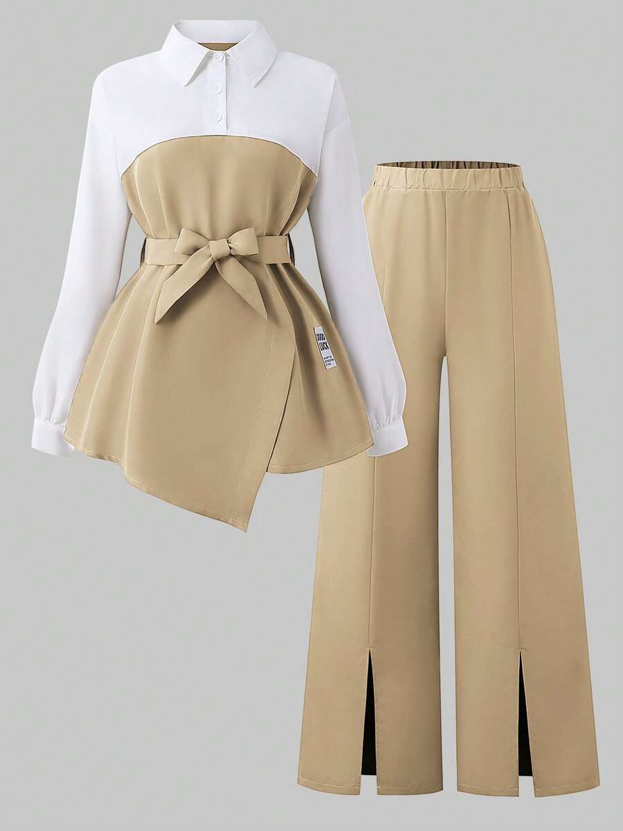 SHEIN Bộ đồ 2 món phối màu ngẫu hứng thường ngày cho nữ tuổi teen, phong cách cơ bản cho mùa thu/đông. - Màu Khaki - Xem 1