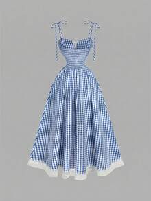 SHEIN MOD Vestido midi de estilo romántico y campestre con estampado de cuadros rojos y blancos - Celeste - Ver 3