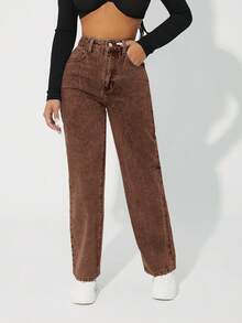 SHEIN PETITE Jeans de mezclilla con botones y bolsillos, de uso casual diario para mujer - Marrón - Ver 4