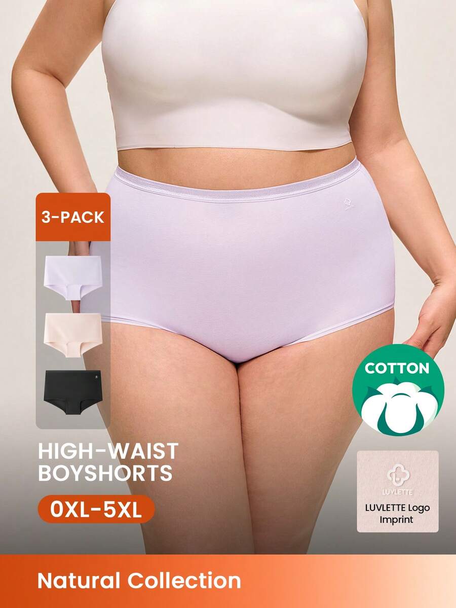 LUVLETTE Plus 3条装棉质高腰平角内裤套装 - 粉色 - 彩色 - 查看 1