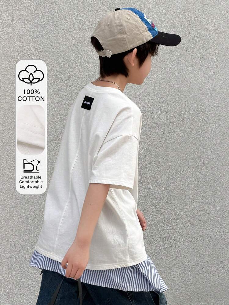 Tween Boy Letter Embroidery Round Neck Drop Shoulder Casual T-Shirt Summer
