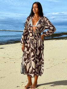 Swim Vcay Women's Spring/Summer Beach Dress, Long Sleeve Printed Waist-Cinched Slit Vacation Cover Up Dress, Kimono Cover-Up - Coffee Brown - View 5