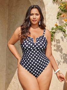 Swim Oasis Plus Size Women 2-Piece Polka Dot Sexy V-Neck Ruched Adjustable Strap Mesh Skirt Swimsuit, Vacation - Black and White - View 3