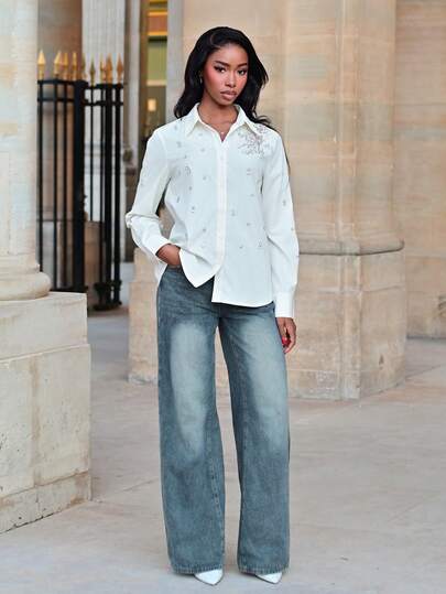 Mima John 女式杏色高端亮片3D花卉细节缀饰正装衬衫