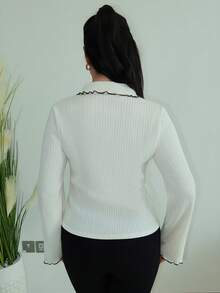 MDEdit 女式休闲长袖单排扣有领开衫，秋季 - 白色 - 查看 2