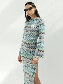 KSTM Đầm maxi dài tay họa tiết zigzag dành cho nữ, xẻ tà bên, cổ tròn, in họa tiết zigzag nhiều màu, dài đến sàn, thích hợp cho mùa xuân hè. - Nhiều màu - Xem 1