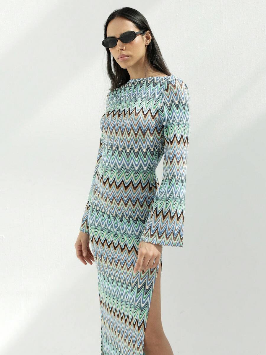 KSTM Đầm maxi dài tay họa tiết zigzag dành cho nữ, xẻ tà bên, cổ tròn, in họa tiết zigzag nhiều màu, dài đến sàn, thích hợp cho mùa xuân hè. - Nhiều màu - Xem 1