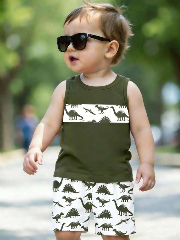 2 piezas Conjunto de niño bebé, top de chaleco con estampado de dinosaurio lindo y casual combinado con pantalones cortos blancos estampados, adecuado para salidas de verano