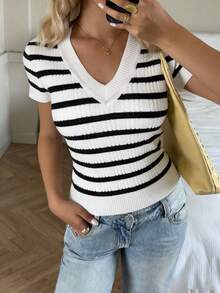 CovetEZ Women's V-Neck Striped Casual Versatile Daily Wear Knit Short Sleeve Top 2026 New Summer Sweet And Casual Striped Caneluri Short-Sleeve Slim V-Neck Knit Top, Summer Women's Short Sleeve Tops Women's Tops For Summer - Black and White - View 2