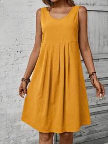 EMERY ROSE 女士休闲印花褶皱无袖连衣裙，夏季 - 黃色 - 查看 3