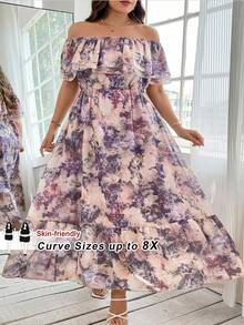 SHEIN CURVE+ 大码女式浪漫休闲优雅紫色印花双层褶皱边单肩领A字超长雪纺飘逸连衣裙 - 彩色 - 查看 1