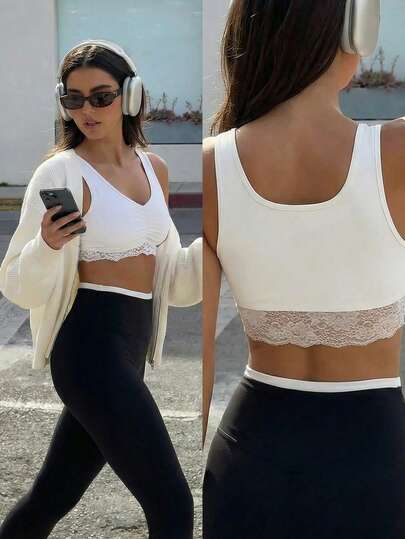 Fluxe Women's Summer Solid Color Chest Ruched Contrast Lace Sports Yoga Tank Top,,Summer Outfits,Summer Clothes,Summer Outfit For Women,Spring Clothing,Spring Outfit,Spring Clothes Women,Easter,Festival Outfits For Women,Party Outfit,Beach Outfits For Women,Beach Outfit,Going Out Outfits,Birthday Outfits For Women,Vacation Outfits Women,Summer Holiday Outfits,Beach Vacation Outfits For Women,Casual Outfit For Women,Women's Sportswear,Summer Top,Party Top,Going Out Top,Elegant Women's Blouses,White Tops