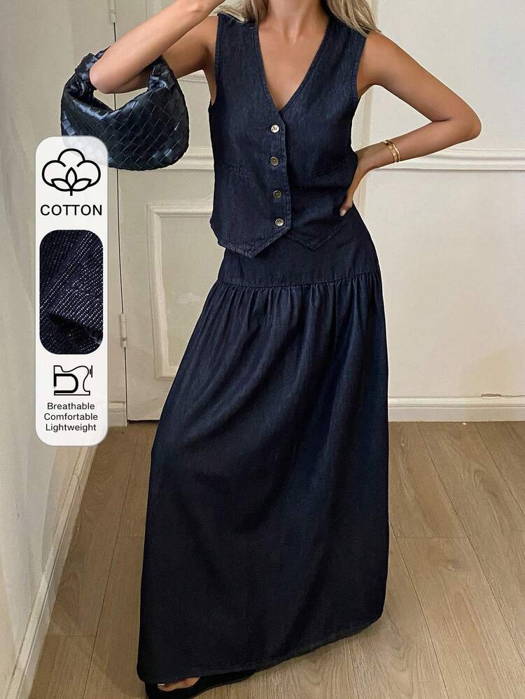 Women's Solid Color Fitted V-Neck Sleeveless Long Vest & Pleated A-Line Skirt Casual Resort Outfit, Spring/Autumn