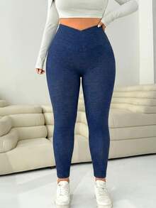 SHEIN EZwear Quần legging nữ cỡ lớn, kiểu dáng thường ngày, đơn giản, đa năng, màu trơn, nhiều lớp, cạp cao, co giãn, ôm sát, thích hợp cho mùa xuân/hè. - Màu xanh lam - Xem 2