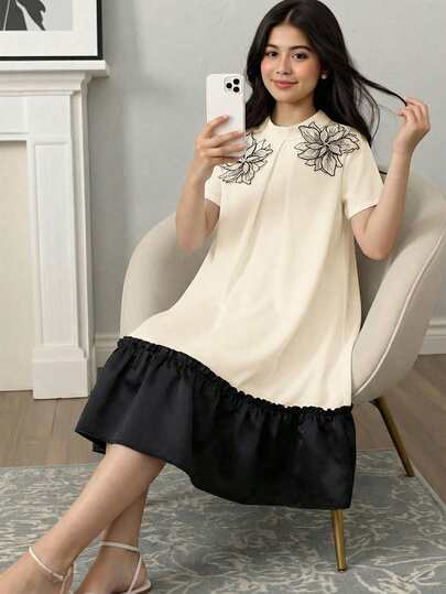 SHEIN Teen Girls Spring/Summer Elegant Floral Decor Pleated Flared Black & White Patchwork Loose A-Line Short Sleeve Stand Collar Chiffon Dress, Suitable For Flower Girl, Wedding Party, Holiday Gathering