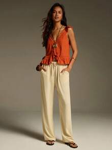 Athîral Women's Casual V-Neck Ruffle Patchwork Orange Blouse - Orange - View 3