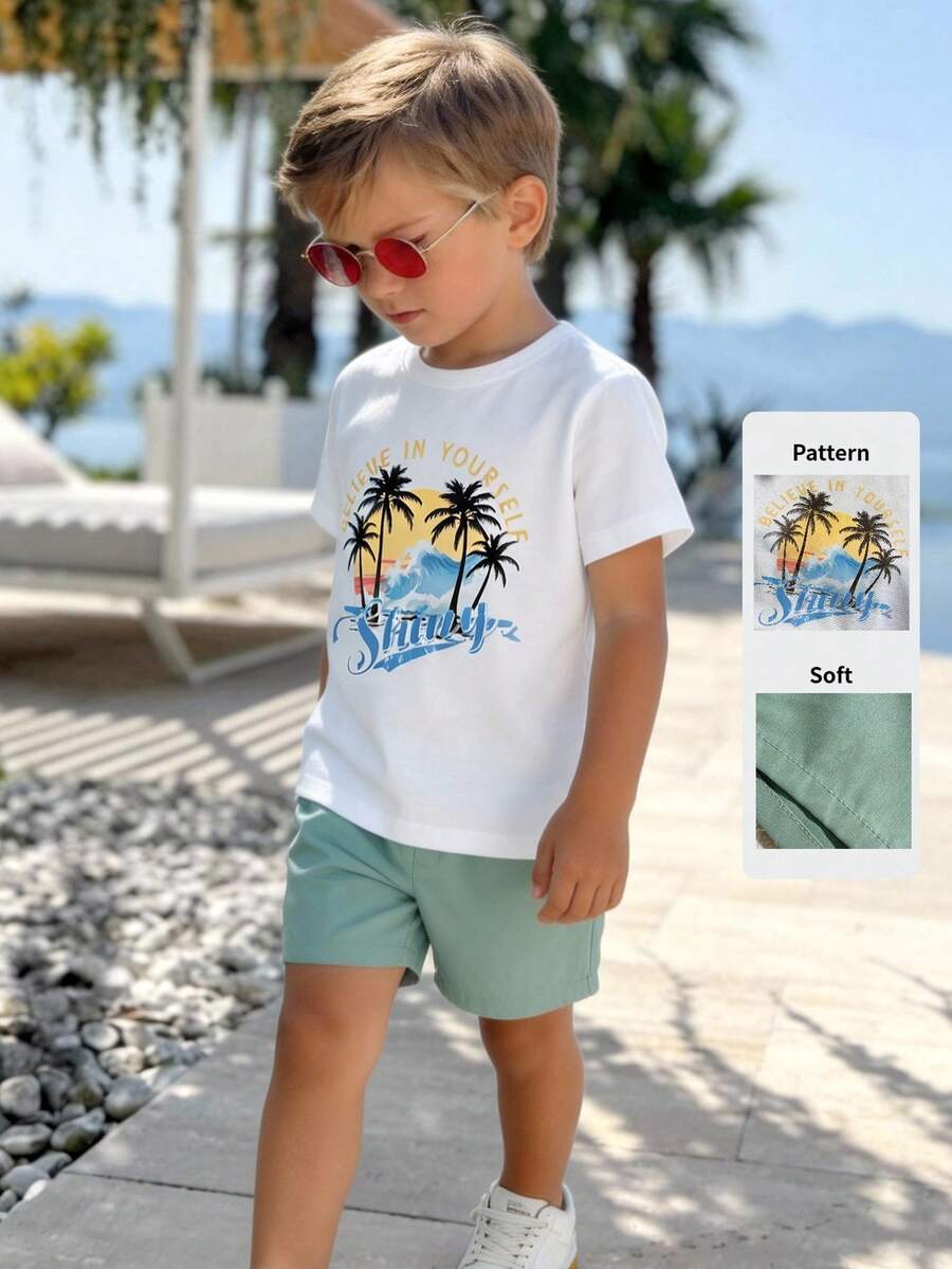 SHEIN Young Boys Casual Vacation Round Neck Front Print Elastic Waist Short Sleeve Shorts Set, Summer - White - View 1