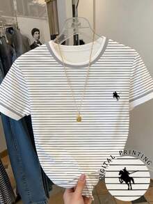 Resyla Camiseta de mujer casual de manga corta con cuello redondo y estampado de rayas - Multicolor - Ver 1