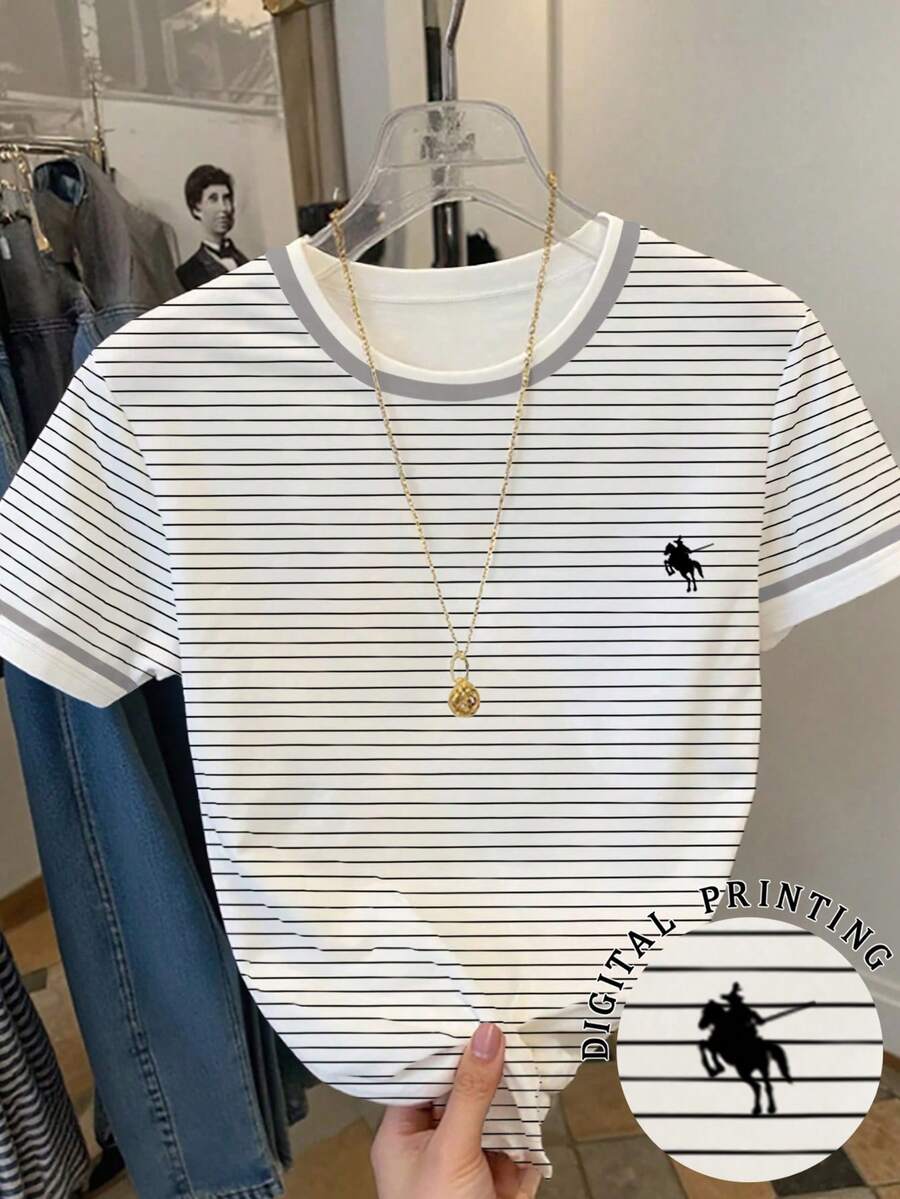 Resyla Camiseta de mujer casual de manga corta con cuello redondo y estampado de rayas - Multicolor - Ver 1