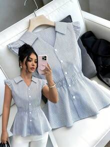 Elenzga Blusa de mujer con diseño de cuello a rayas, mangas cortas, cintura ceñida y botones. Elegante para uso diario, vacaciones, salidas y fiestas, primavera/verano - Multicolor - Ver 1