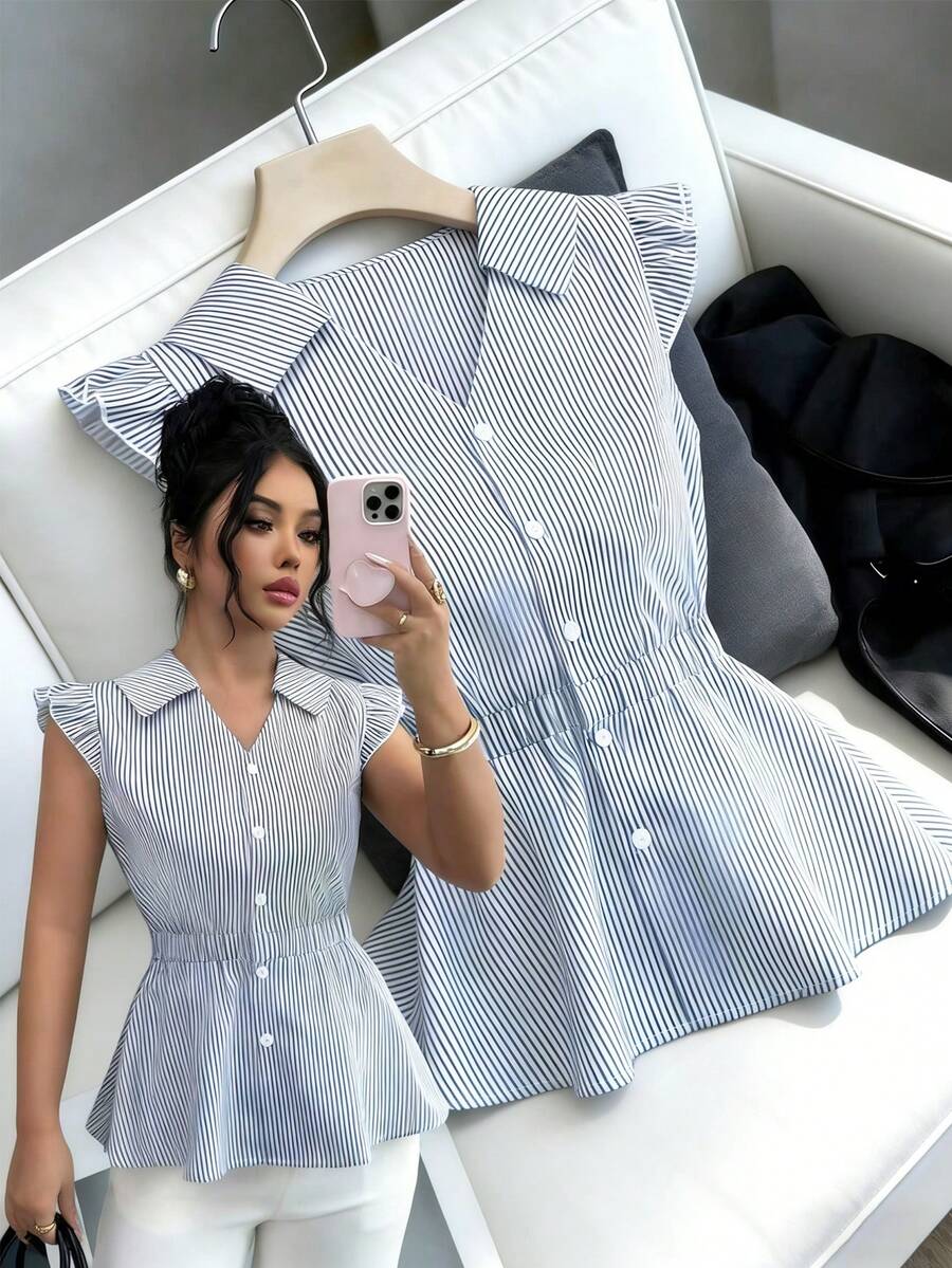 Elenzga Blusa de mujer con diseño de cuello a rayas, mangas cortas, cintura ceñida y botones. Elegante para uso diario, vacaciones, salidas y fiestas, primavera/verano - Multicolor - Ver 1