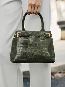 SHECARRY 女士顶部手柄包鳄鱼秋冬校园旅行通勤工作优雅精致手提或斜挎 - 橄欖綠 - 查看 1