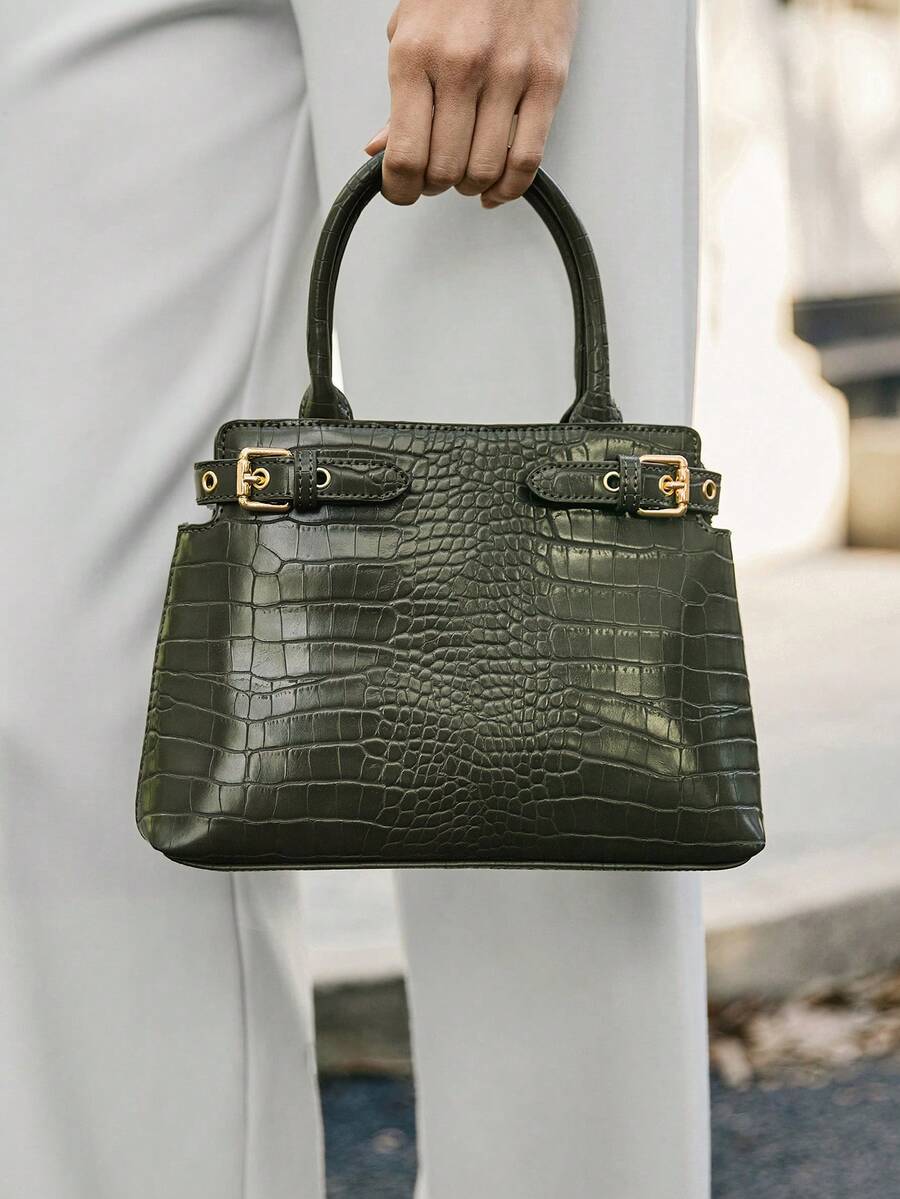 SHECARRY 女士顶部手柄包鳄鱼秋冬校园旅行通勤工作优雅精致手提或斜挎 - 橄欖綠 - 查看 1